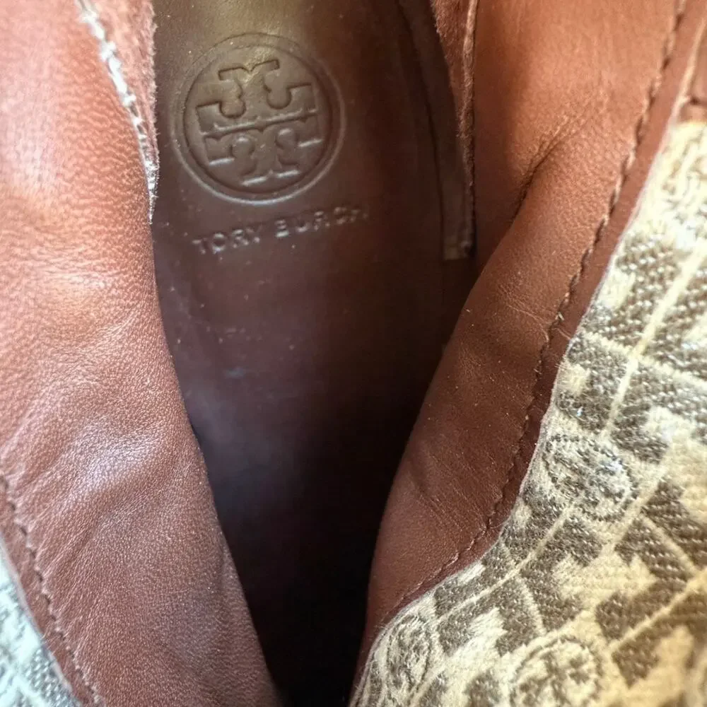 TORY BURCH Riding Boots Brown Leather Zip‎ Knee High Logo Buckle Women 7M